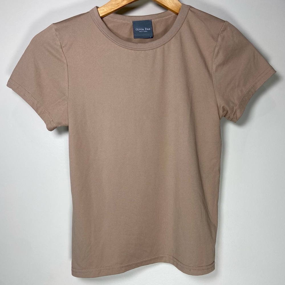 Olivia Rae Tan Fitted Shirt Crew Neck Seamless Baby Tee Neutral Minimal Size S